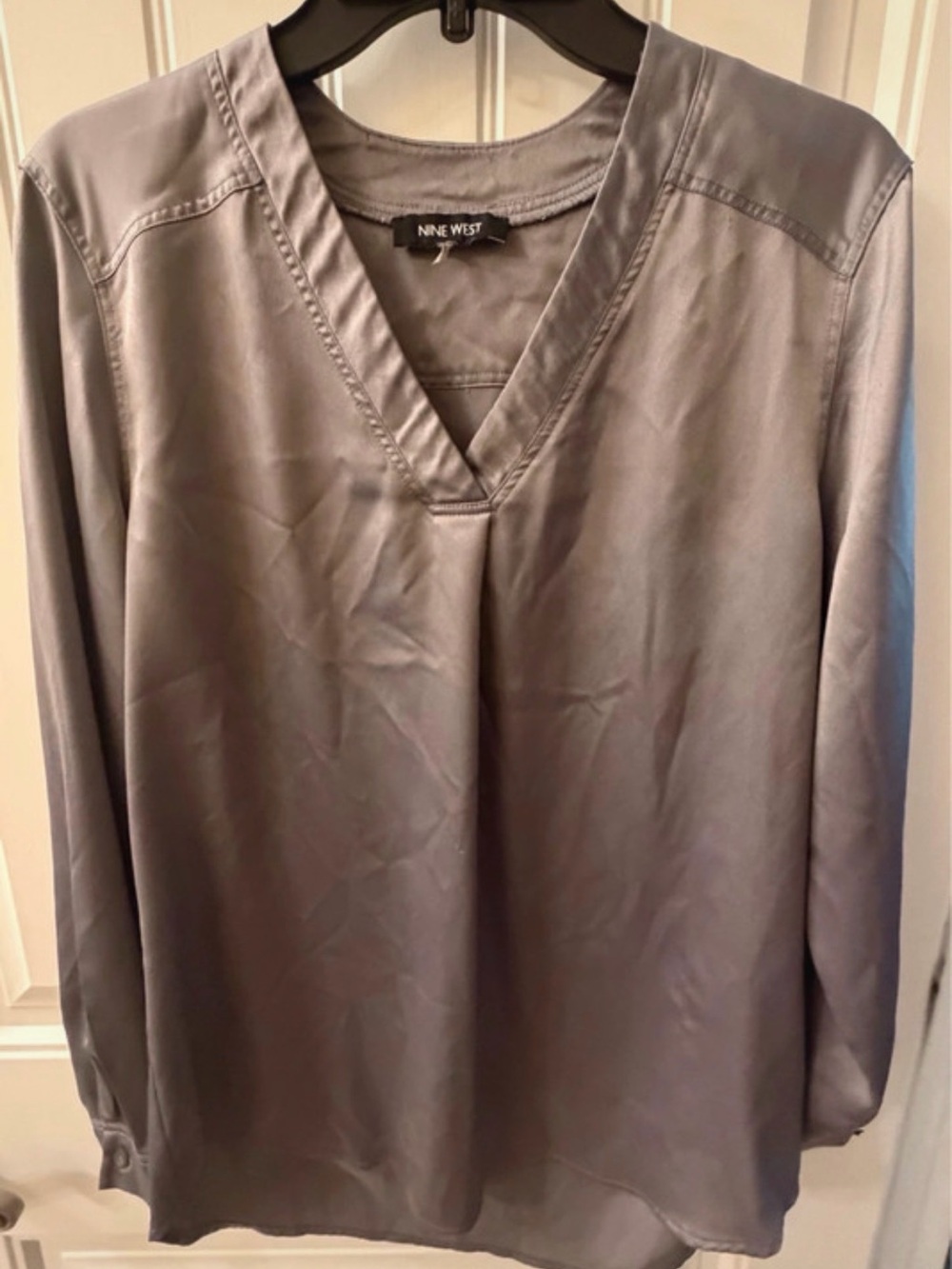 Nine West Slate Gray Satin V-Neck Blouse